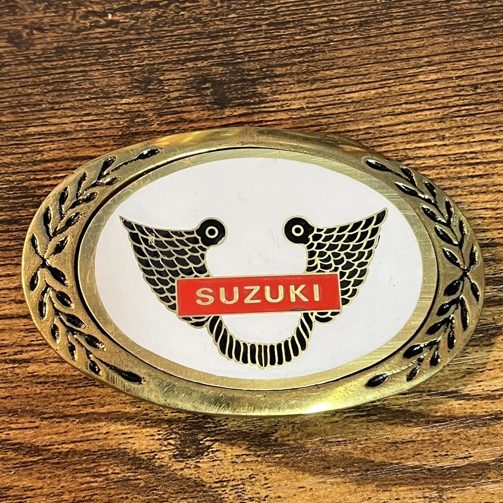 Vintage Suzuki Oval Emblem Belt Buckle Gold White Red Logo Japan Motorcycle B20